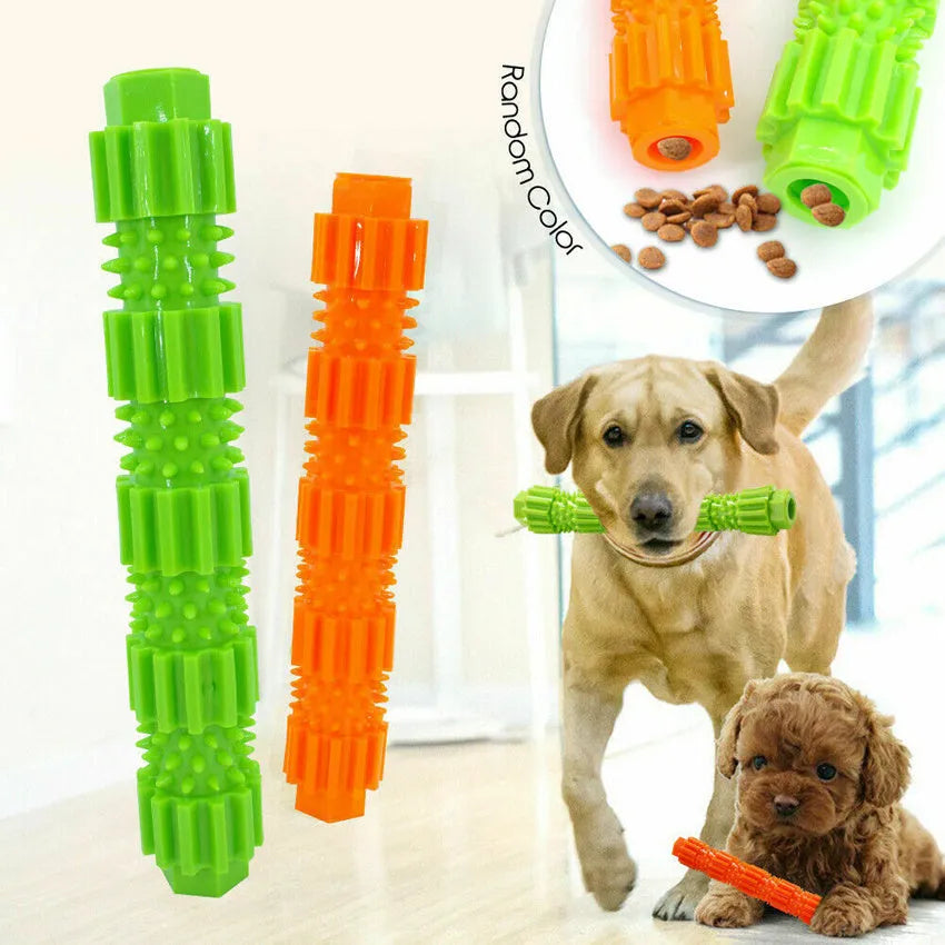 Green and orange durable rubber dog chew toy for aggressive chewers with treat dispensing opening