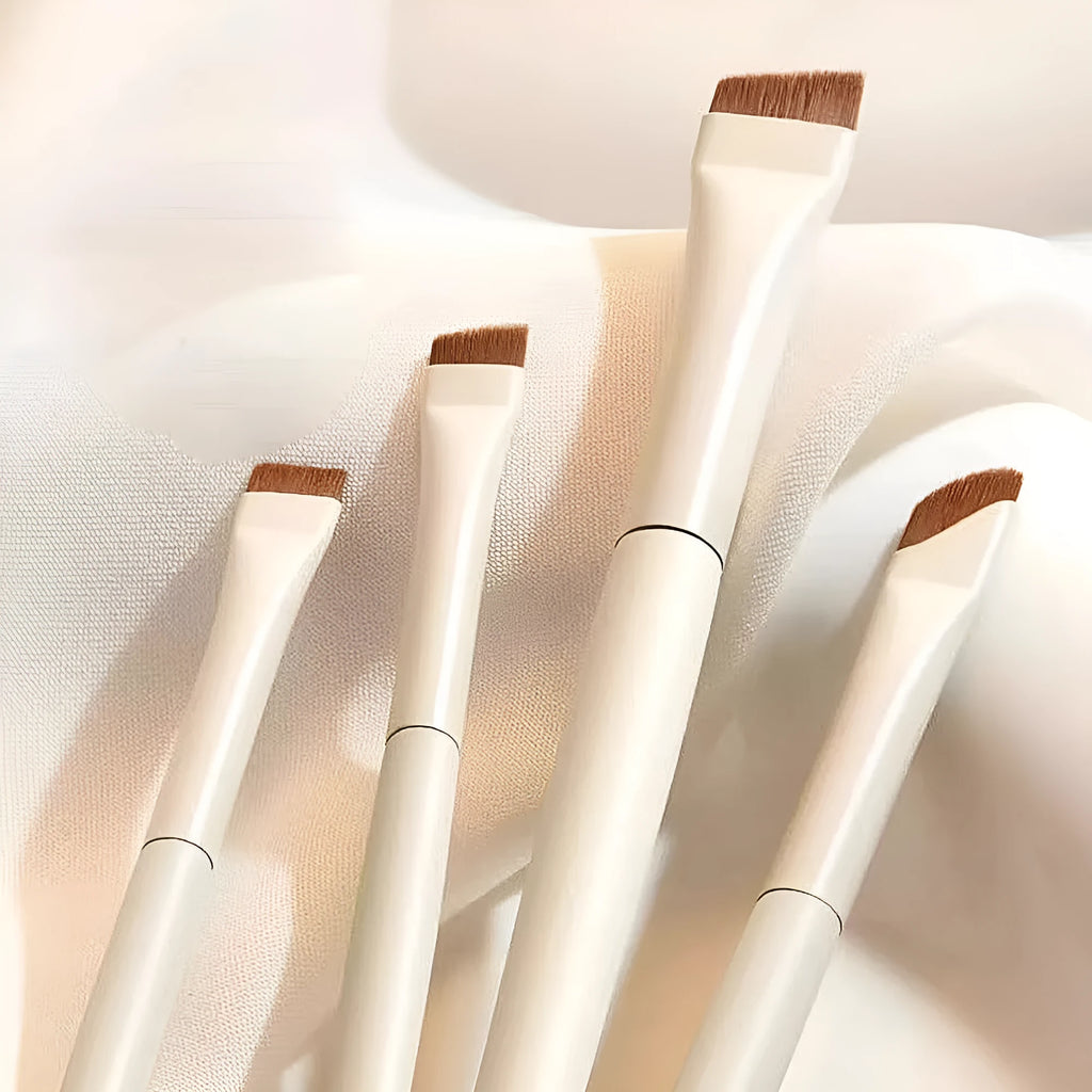 Four angled eyeliner and brow makeup brushes in leather case with ultra thin precision tips