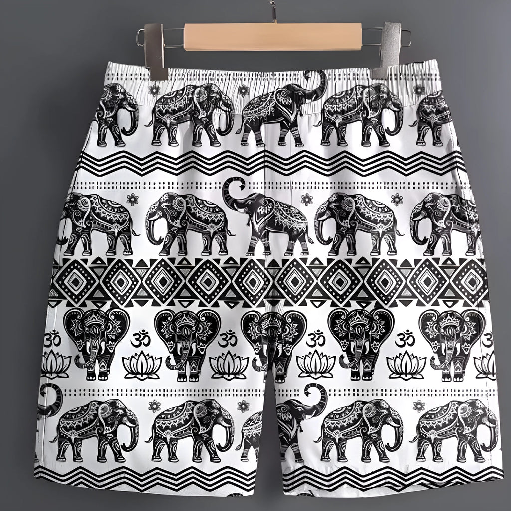 Men's polyester casual sports shorts in multiple patterns including stripes and camouflage