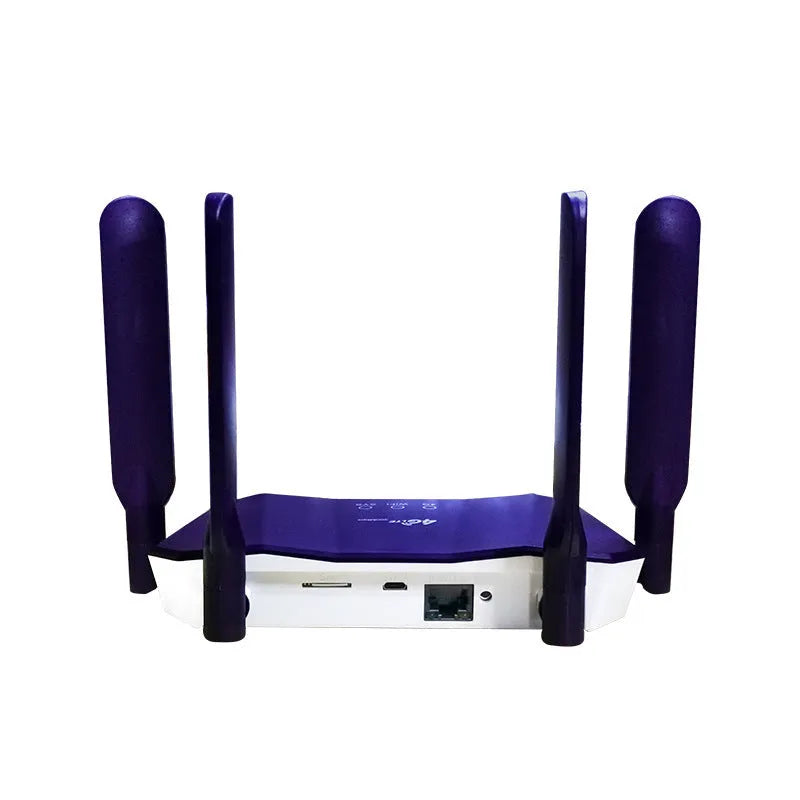 Blue dual mode 4G and wired router with four extended antennas showing front panel indicators