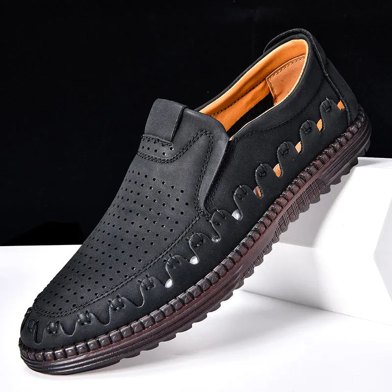 Men's brown casual slip-on leather shoes with round toe and flat sole.