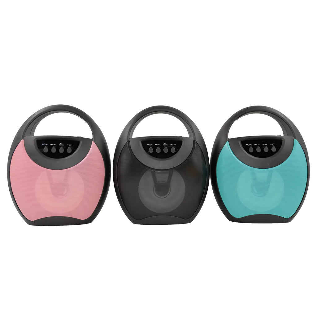 Portable Bluetooth speaker with plastic casing shown in black, blue and pink colour options