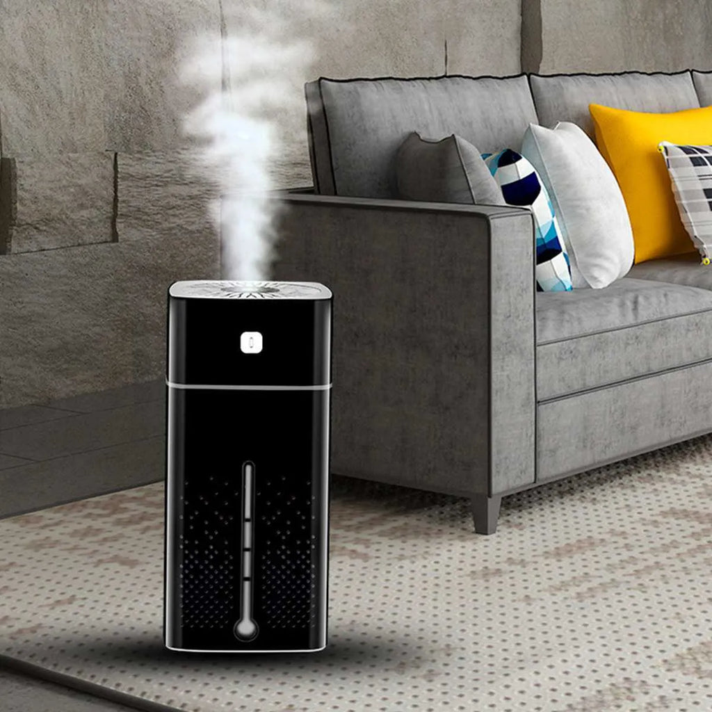 Black or white USB-powered desktop humidifier measuring 103x103x218mm with 1000ml capacity