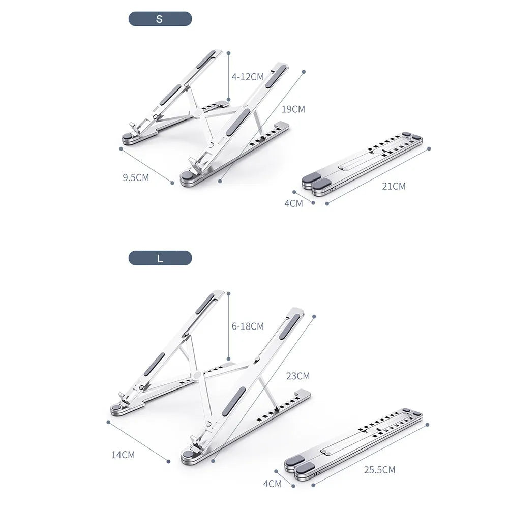 Foldable aluminium laptop stand in silver showing adjustable height mechanism and compact folded size