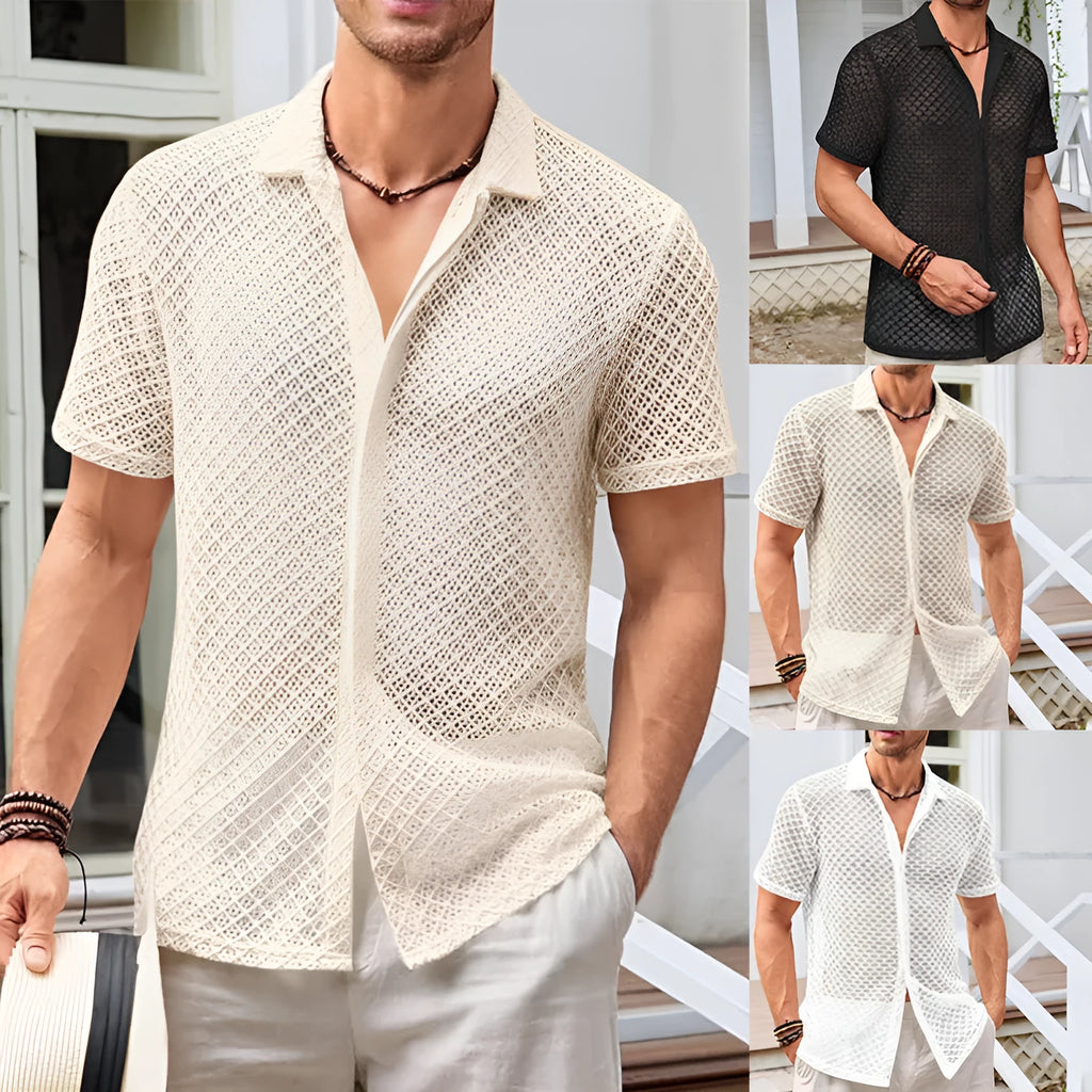 Men's short sleeve lapel shirt in cotton blend fabric with mesh summer styling