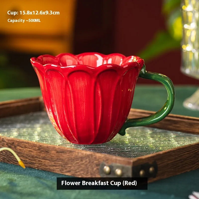 Ceramic breakfast cup with pastoral floral pattern design, 500ml capacity