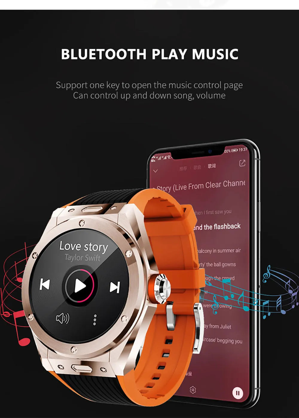 mv58 smart watch in black with Bluetooth calling, heart rate monitor, and silicone sport strap on wrist