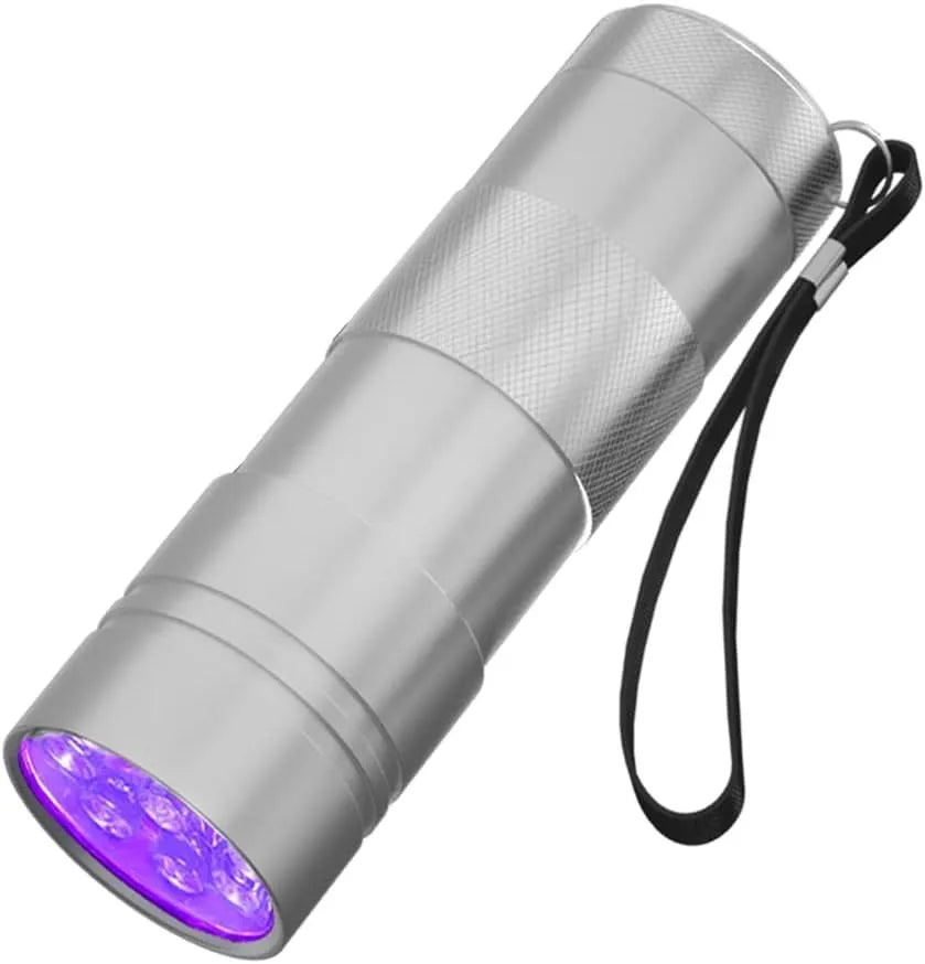 Compact black or silver aluminium alloy UV flashlight for detecting stains and pests.