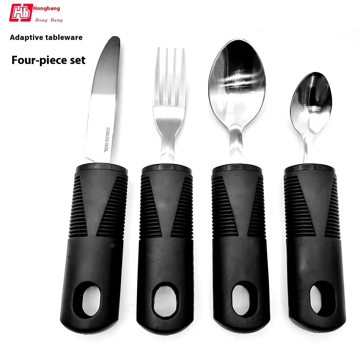 Stainless steel anti-shake cutlery set with rubber handles for adult mealtime assistance