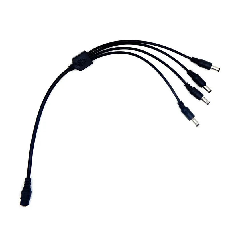 Black 12V DC monitoring power cord with one input and four output connectors for CCTV cameras