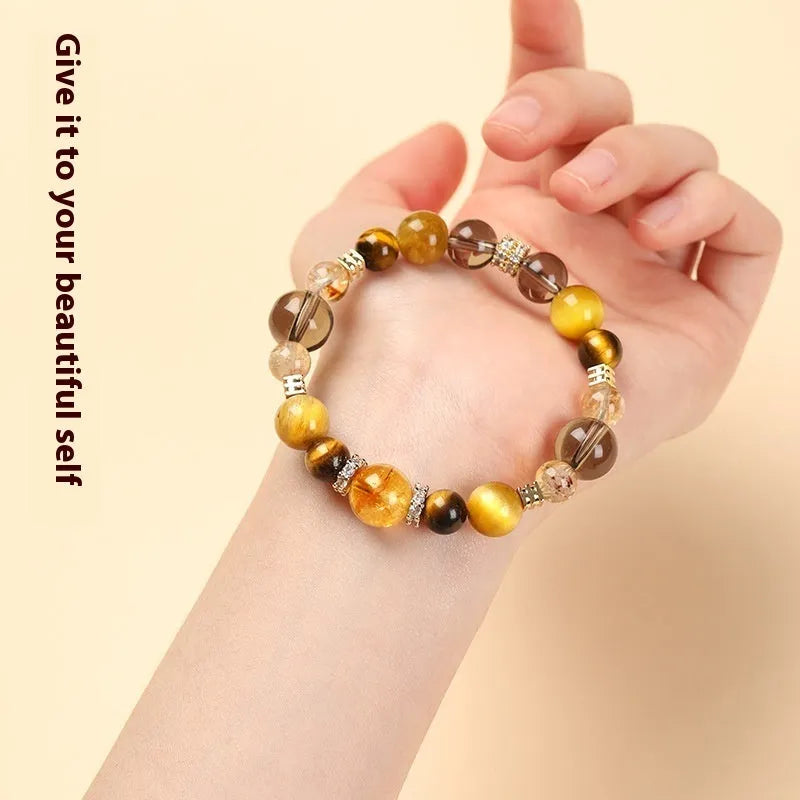 Unisex tiger-eye crystal bracelet with geometric yellow tower beads in 10mm or 12mm size options.