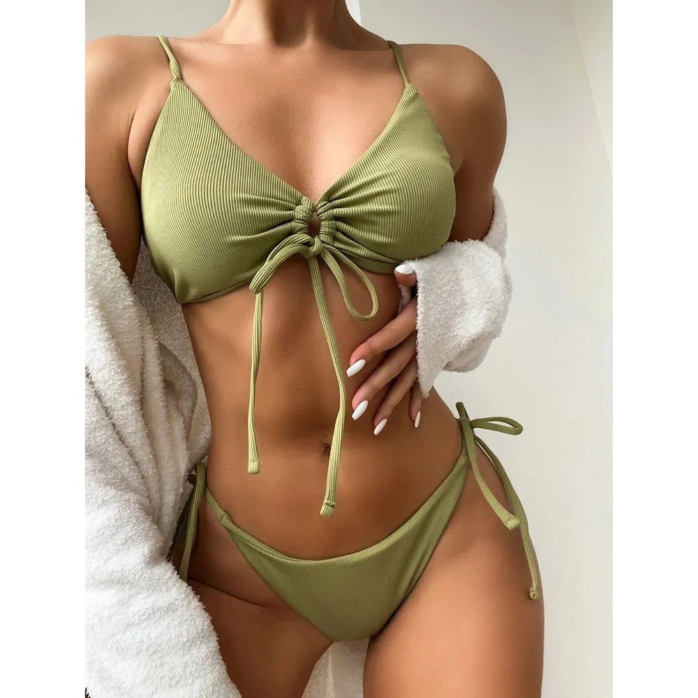 Women's solid colour drawstring swimsuit bikini set in army green with quick-dry fabric