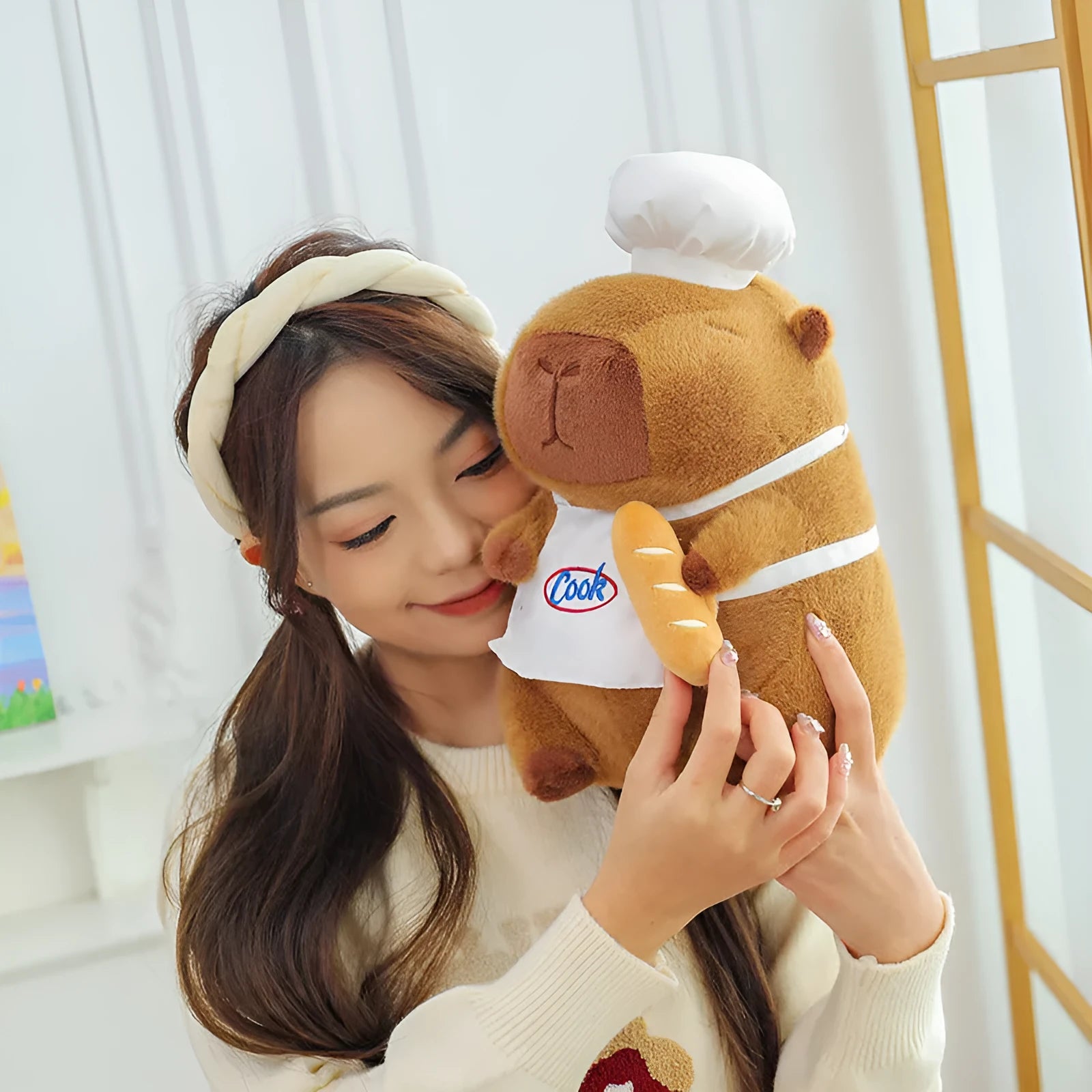 Chef Capabala brown capybara plush toy with PP cotton filling, 35cm size shown