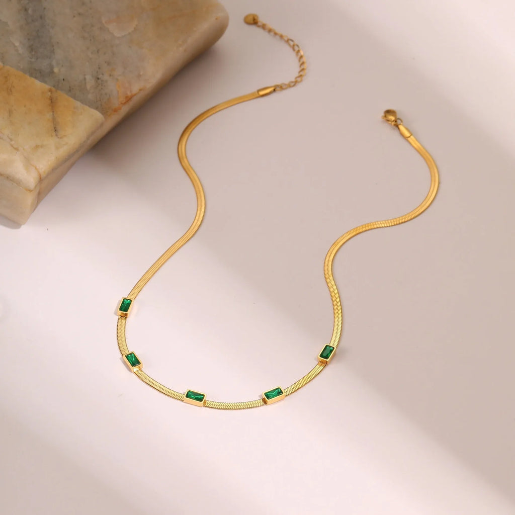 Geometric square zircon pendant necklace with stainless steel flat snake chain in gold or steel colour finishes