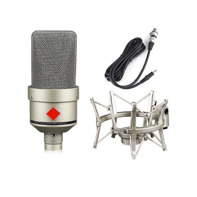 Wired condenser microphone in champagne gold colour with cable and stand for recording and live broadcast