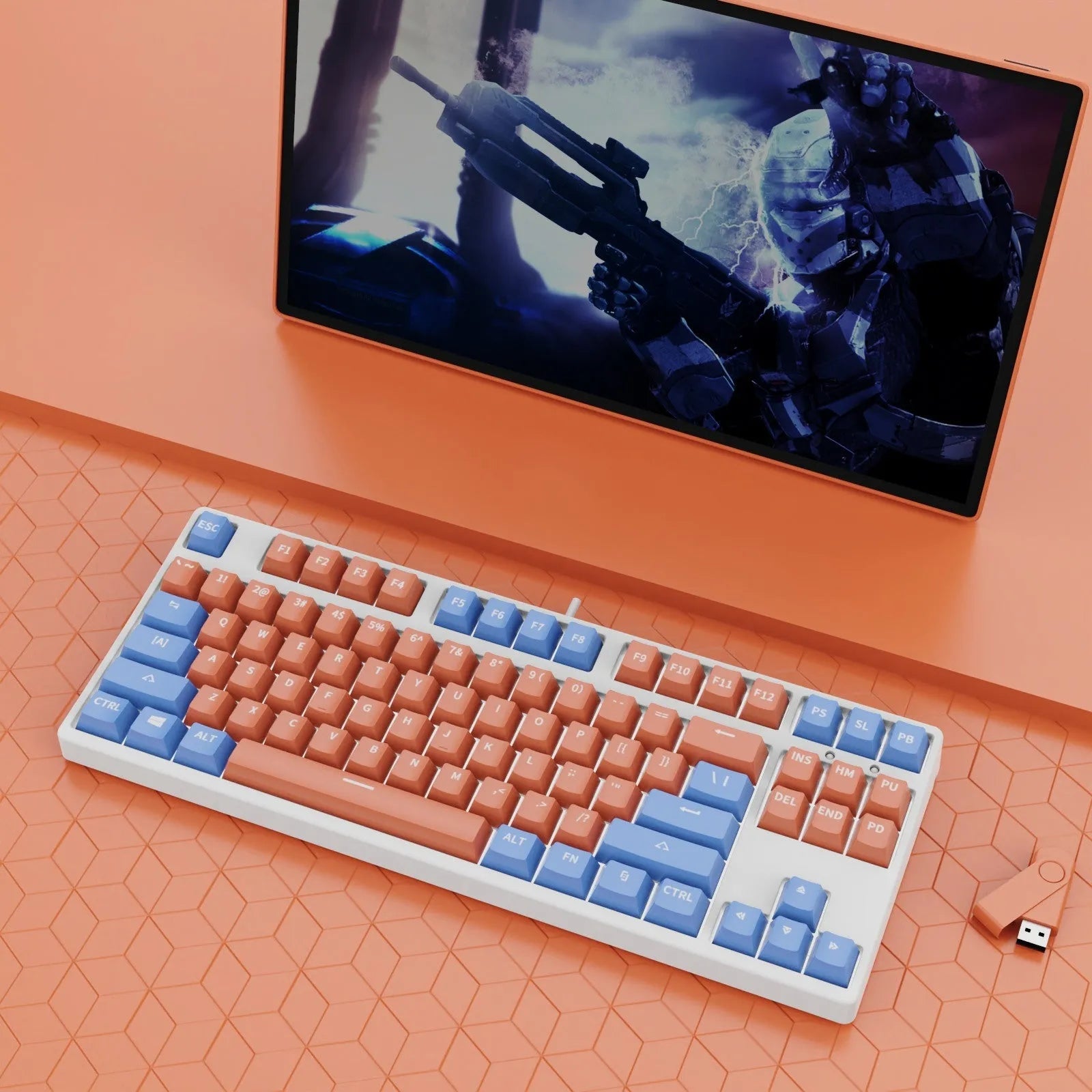87-key tenkeyless mechanical keyboard in a dual-colour keycap design with metal frame