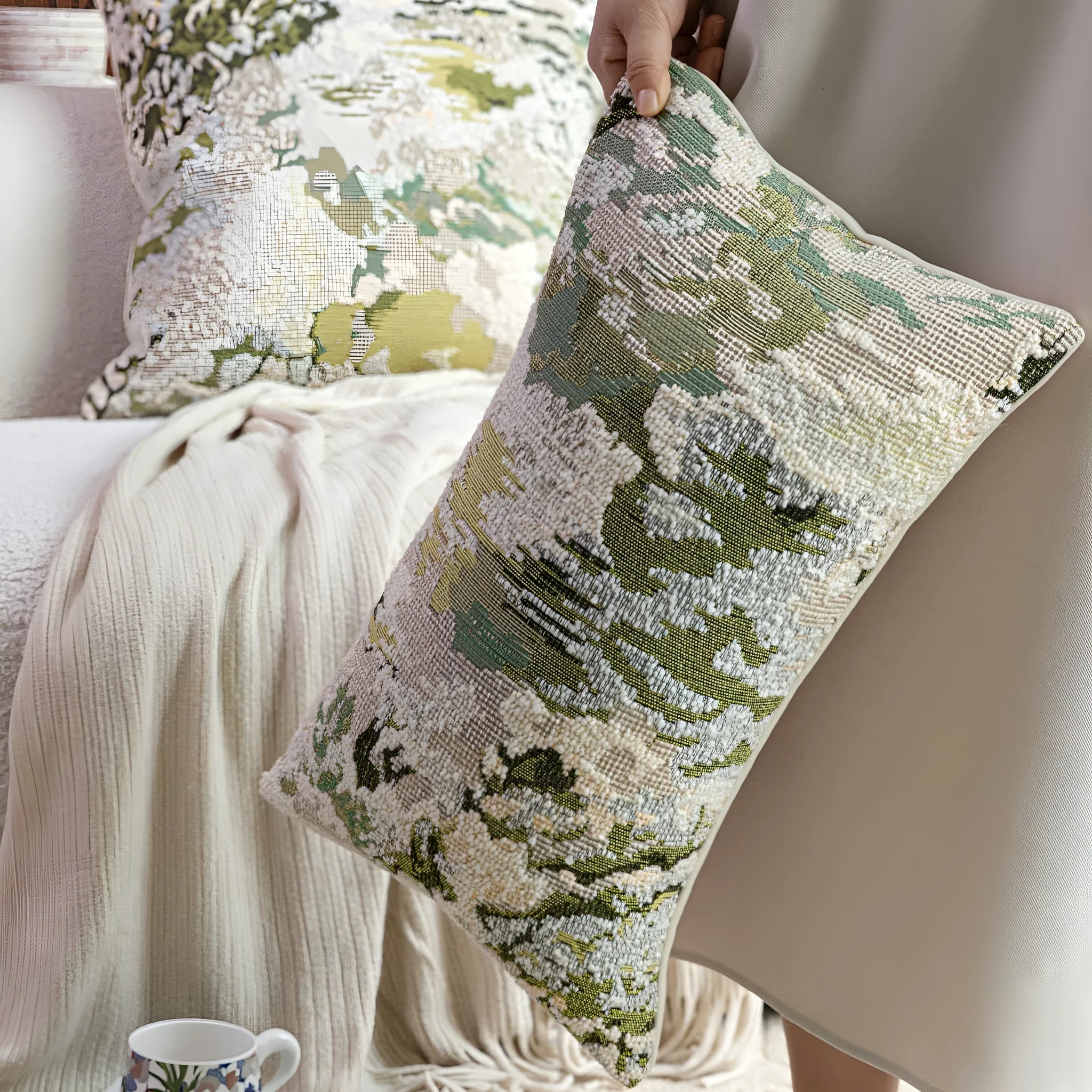 Antique green feather velvet pillowcase with abstract floral embroidery, shown in 50x50cm square size.
