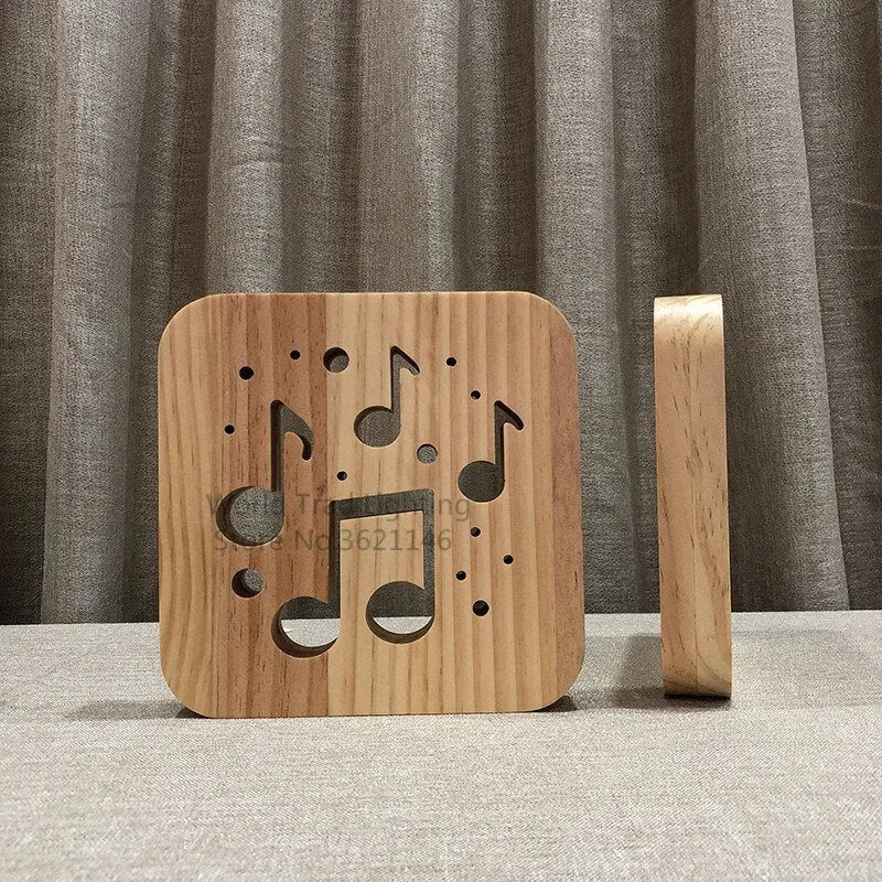 Square wooden LED atmosphere lamp with warm white glow and USB power cable