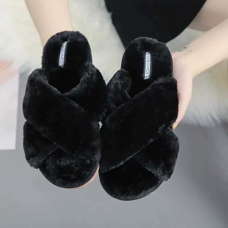 Women's cross open-toe fur slippers in black with patterned rubber sole and anatomical heel design