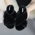 Women's cross open-toe fur slippers in black with patterned rubber sole and anatomical heel design