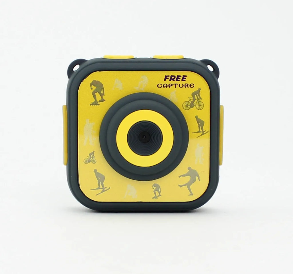 Yellow children's waterproof sports camera with compact design showing front view and control buttons