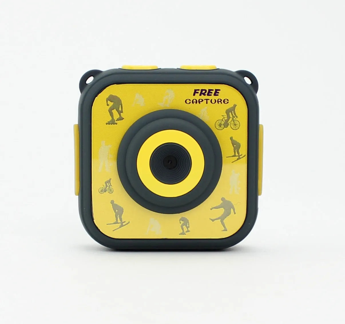 Yellow children's waterproof sports camera with compact design showing front view and control buttons