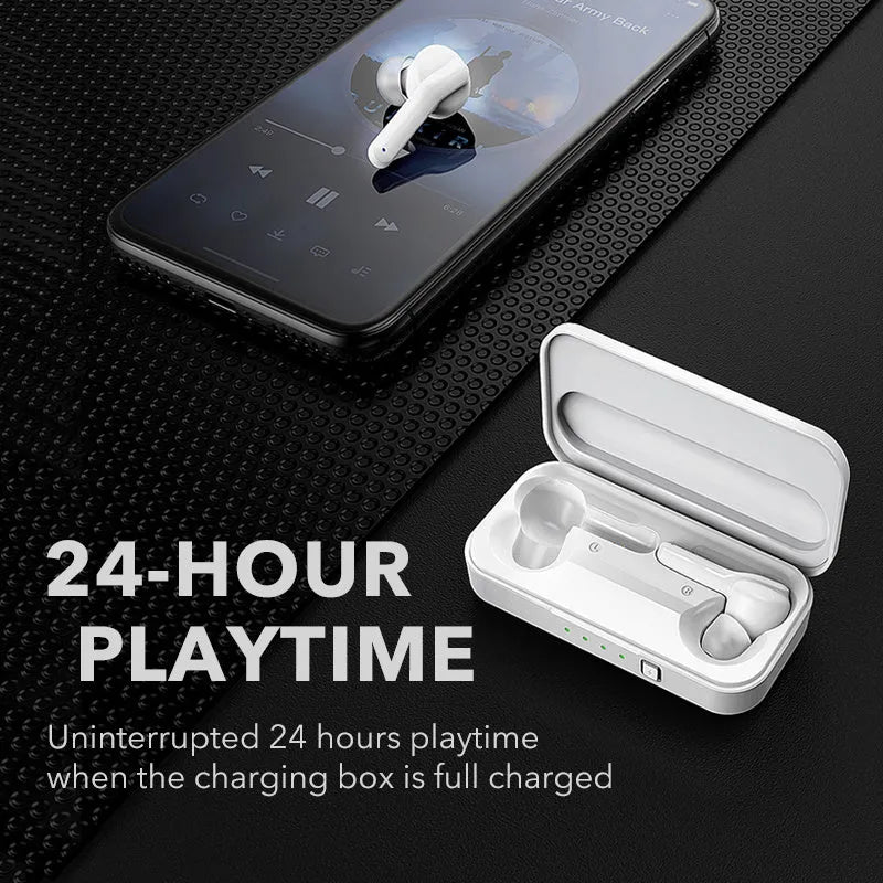 Black and white TWS wireless Bluetooth 5.0 in-ear headphones with IPX5 rating.