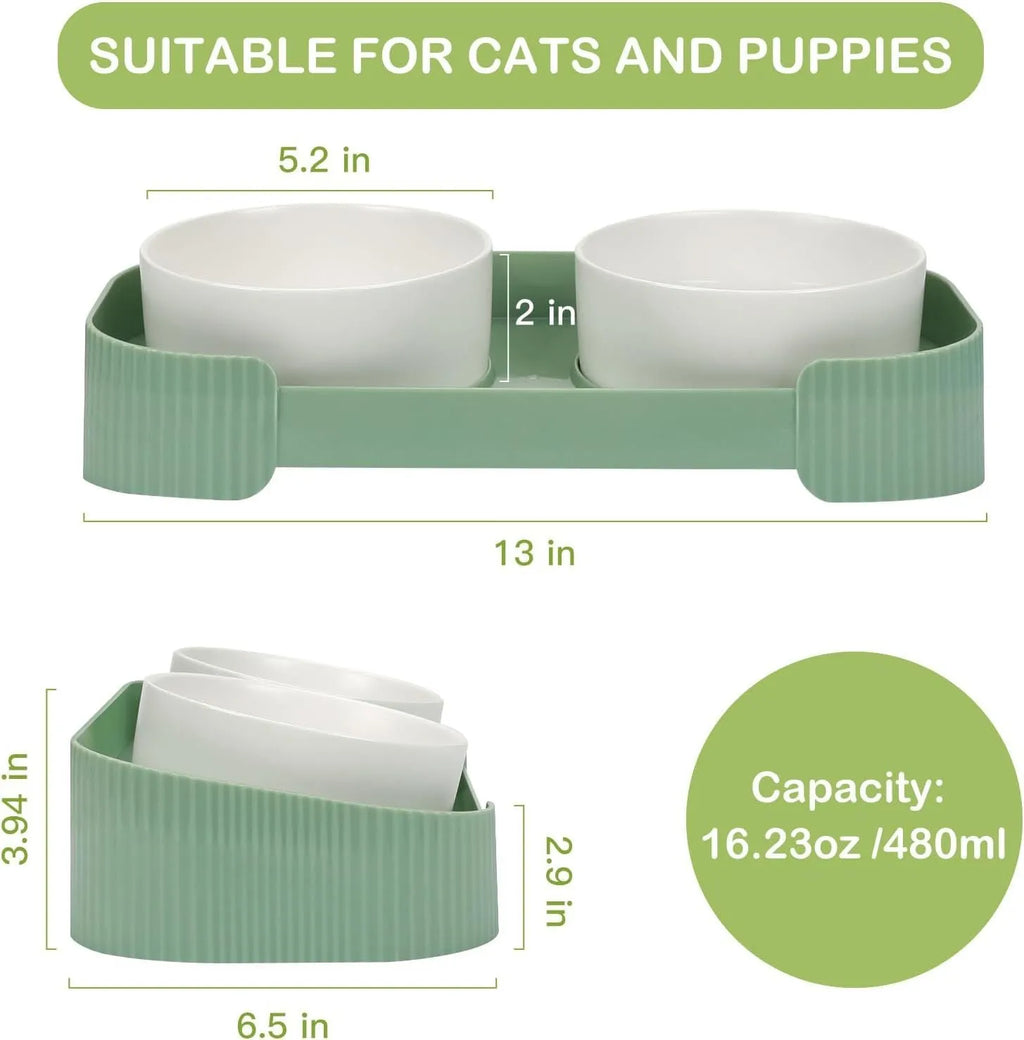 Ceramic elevated cat bowl set with tilted design and anti-spill rim in three colour options