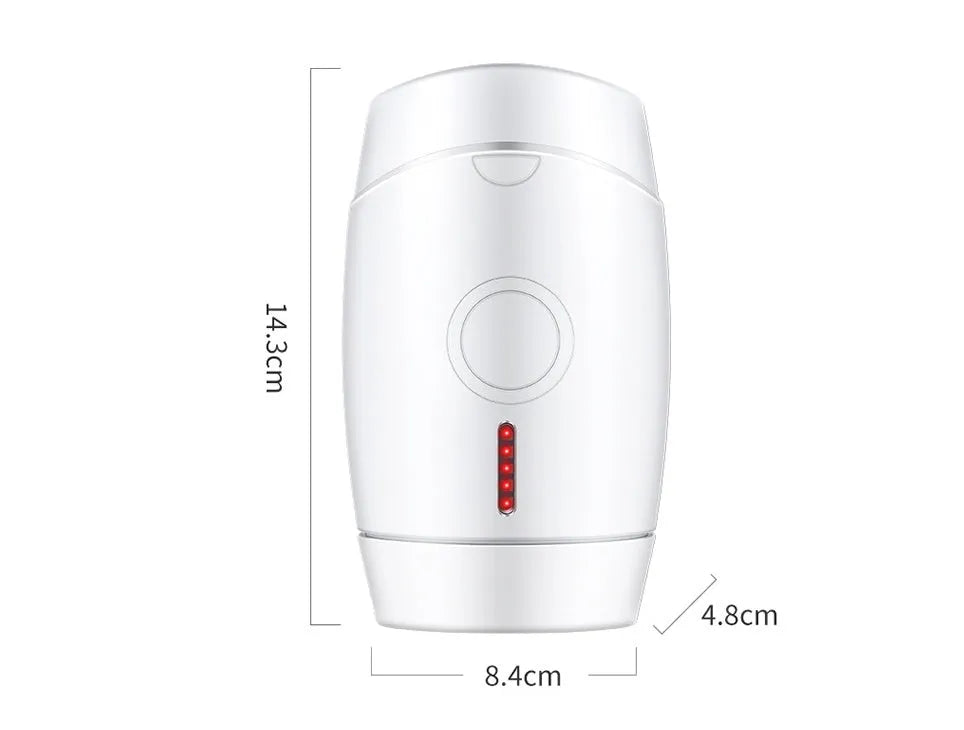 White home laser hair removal instrument with display, showing compact size and included adapter.