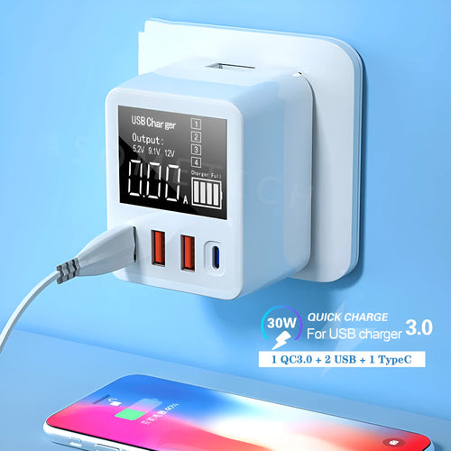 White 4-port USB travel wall charger with LED display, showing UK plug