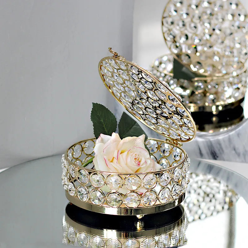 French gold metal jewellery storage box with transparent crystal glass lid and European decorative styling