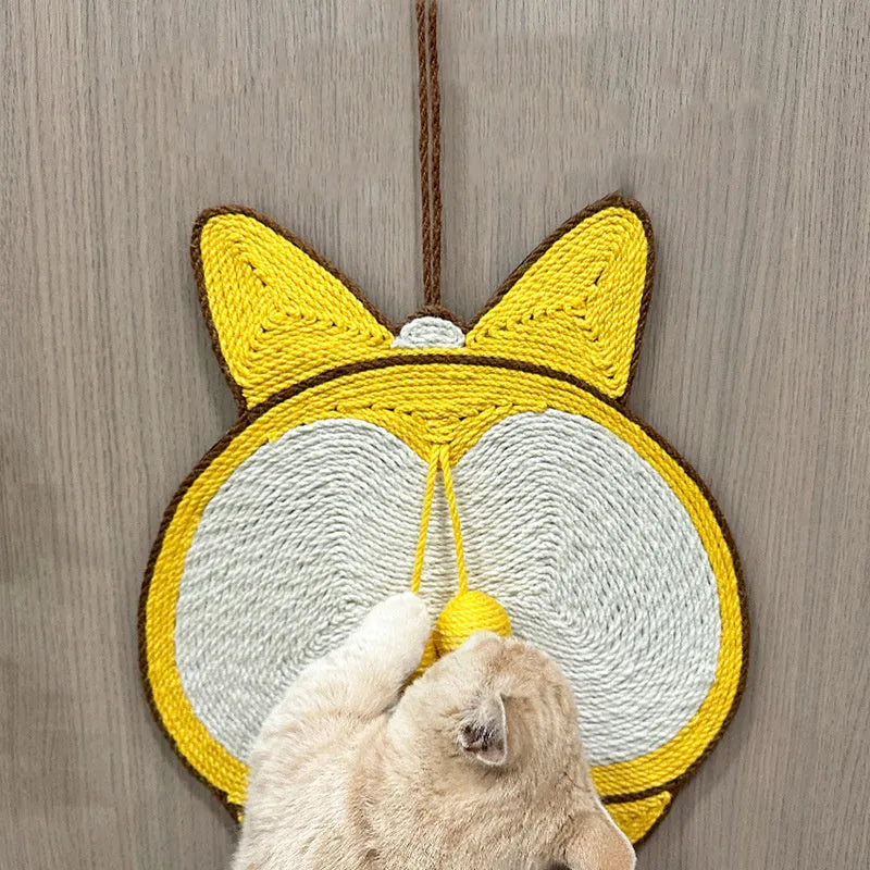 Yellow cat scratching pad with Corgi butt design, made from natural sisal on an anti-slip base