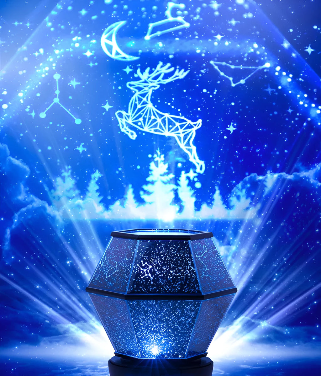 Children's rotating stars LED night light projecting coloured star patterns on bedroom wall
