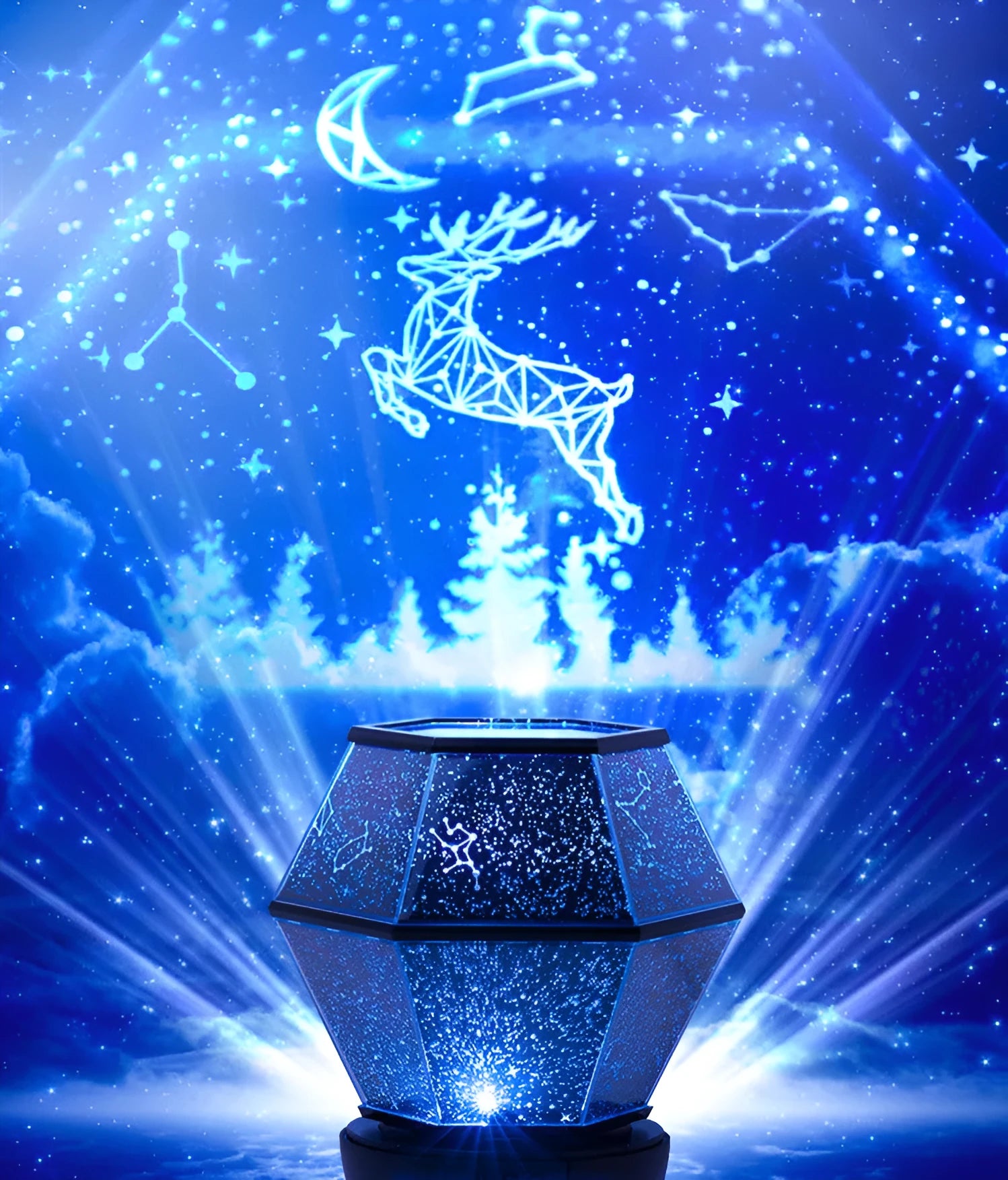 Children's rotating stars LED night light projecting coloured star patterns on bedroom wall