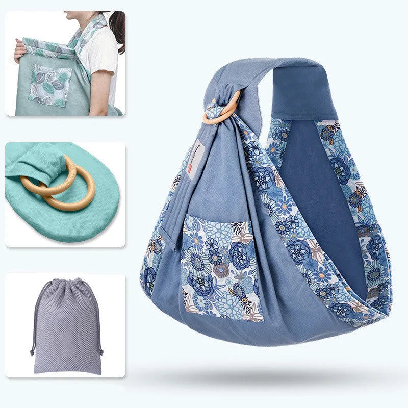 Adjustable baby wrap carrier sling in blue-green cotton and mesh with back support for 0-36 months up to 50kg