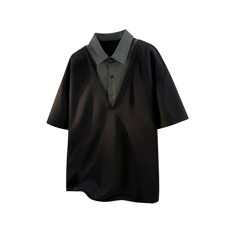 Men's black padded Henry collar short sleeve polo sweater made from thin spandex knit.
