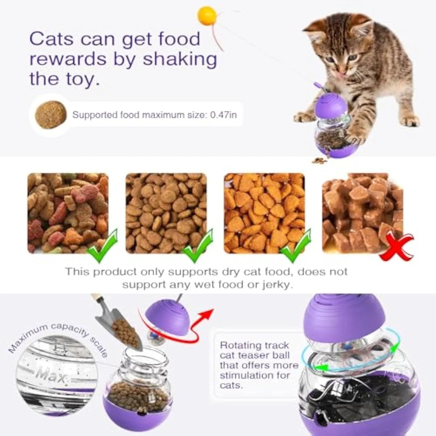 Pink, purple, and yellow tilting cat interactive toy with a bouncing teaser wand and built-in slow feeder.