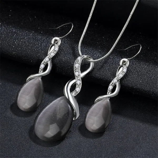 Fashion opal and cubic zirconia jewellery set with water drop pendant necklace and matching drop earrings