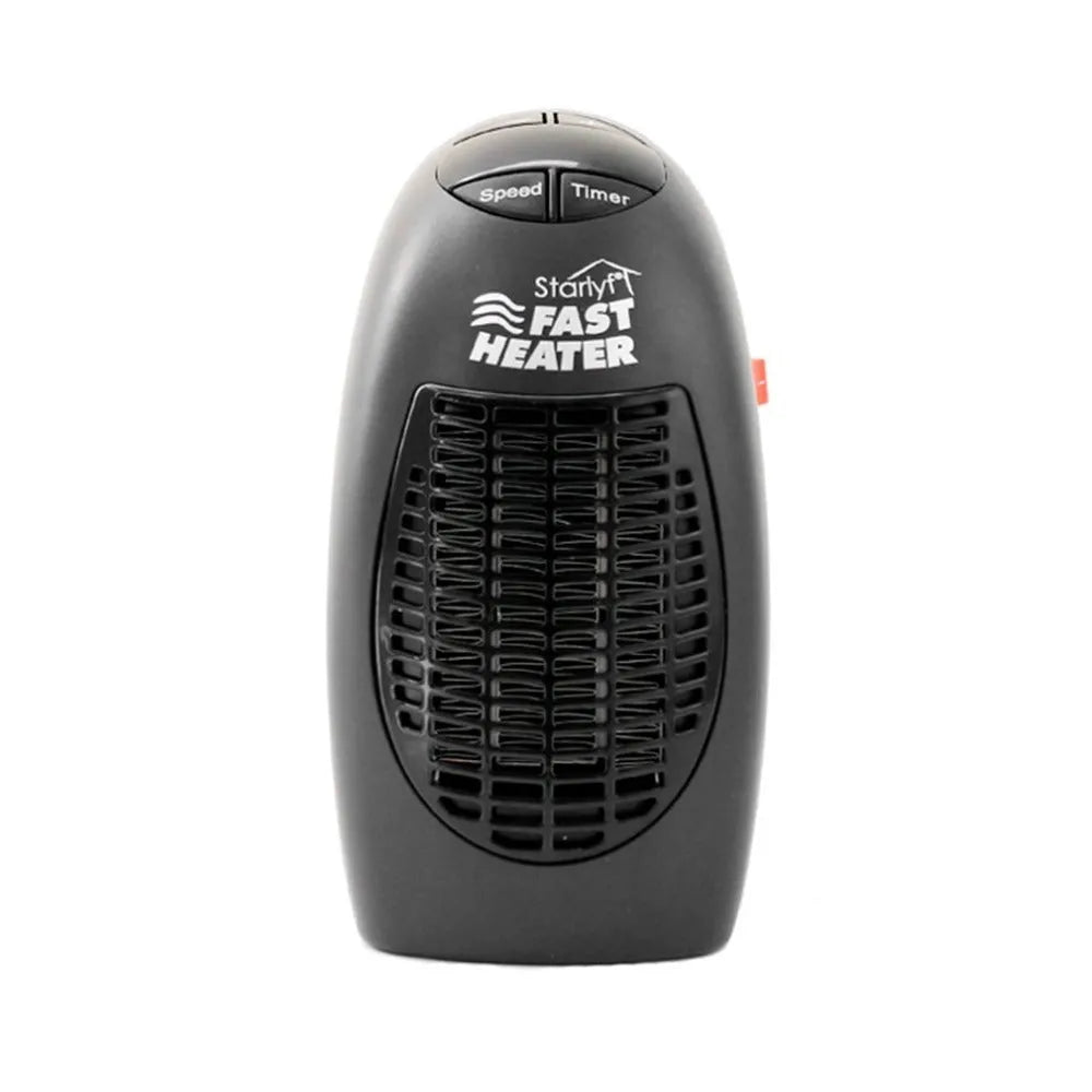 Black compact ceramic electric heater with digital display and rotating plug on a flat surface.