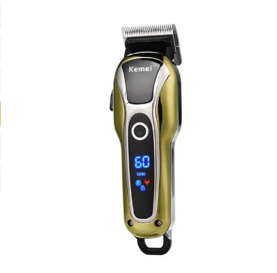 Professional rechargeable hair clipper with gold finish, guide combs, and lithium battery