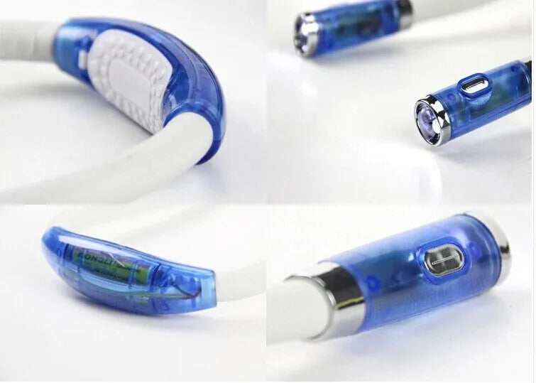 Flexible neck hug book light with LED reading lamp in three colour options: black, blue, green, and red on a table