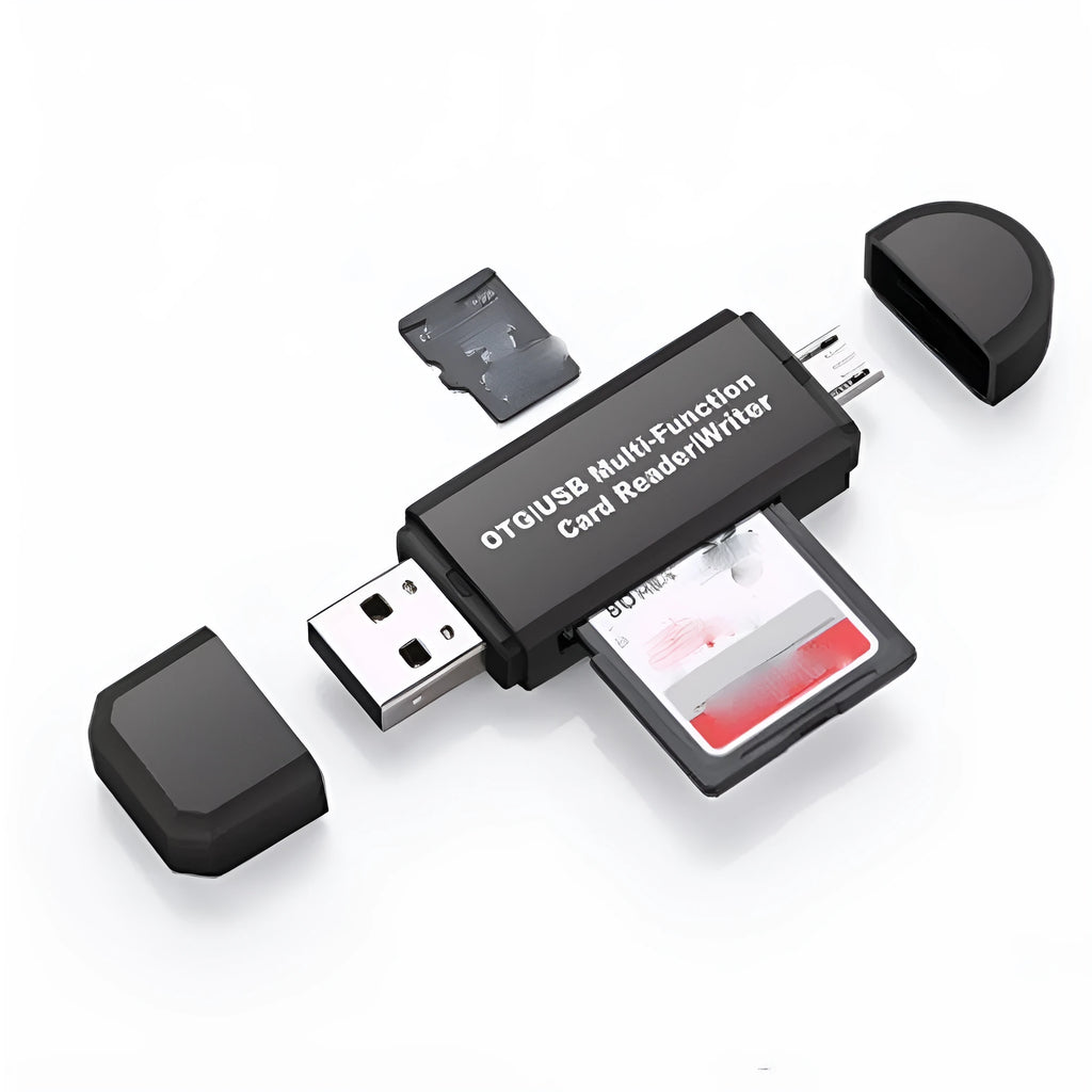 Multifunctional OTG machine card reader with USB 2.0 interface in black colour supporting SD and TF memory cards