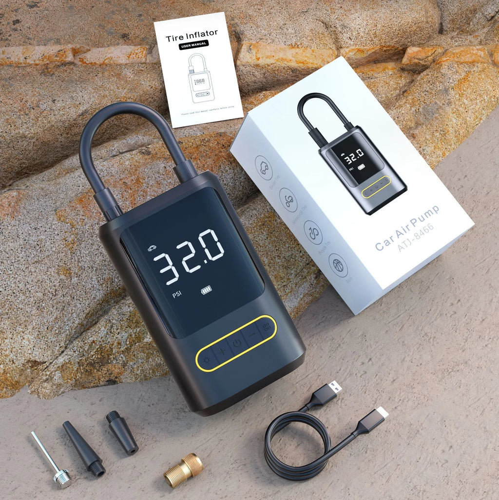 Handheld wireless digital display air pump with LED light and attached air hose