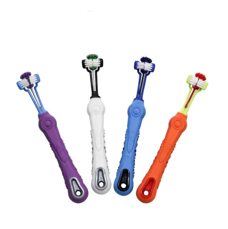 Three-sided pet toothbrush with PP TPR handle and nylon bristles in green colour on white background