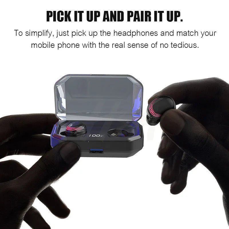 Black X10 wireless Bluetooth headset with a compact charging case on a white background.