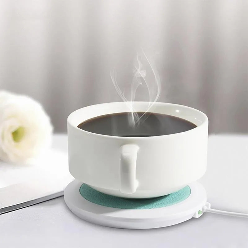 Black USB heating coaster for mugs with PU leather surface keeping drink warm
