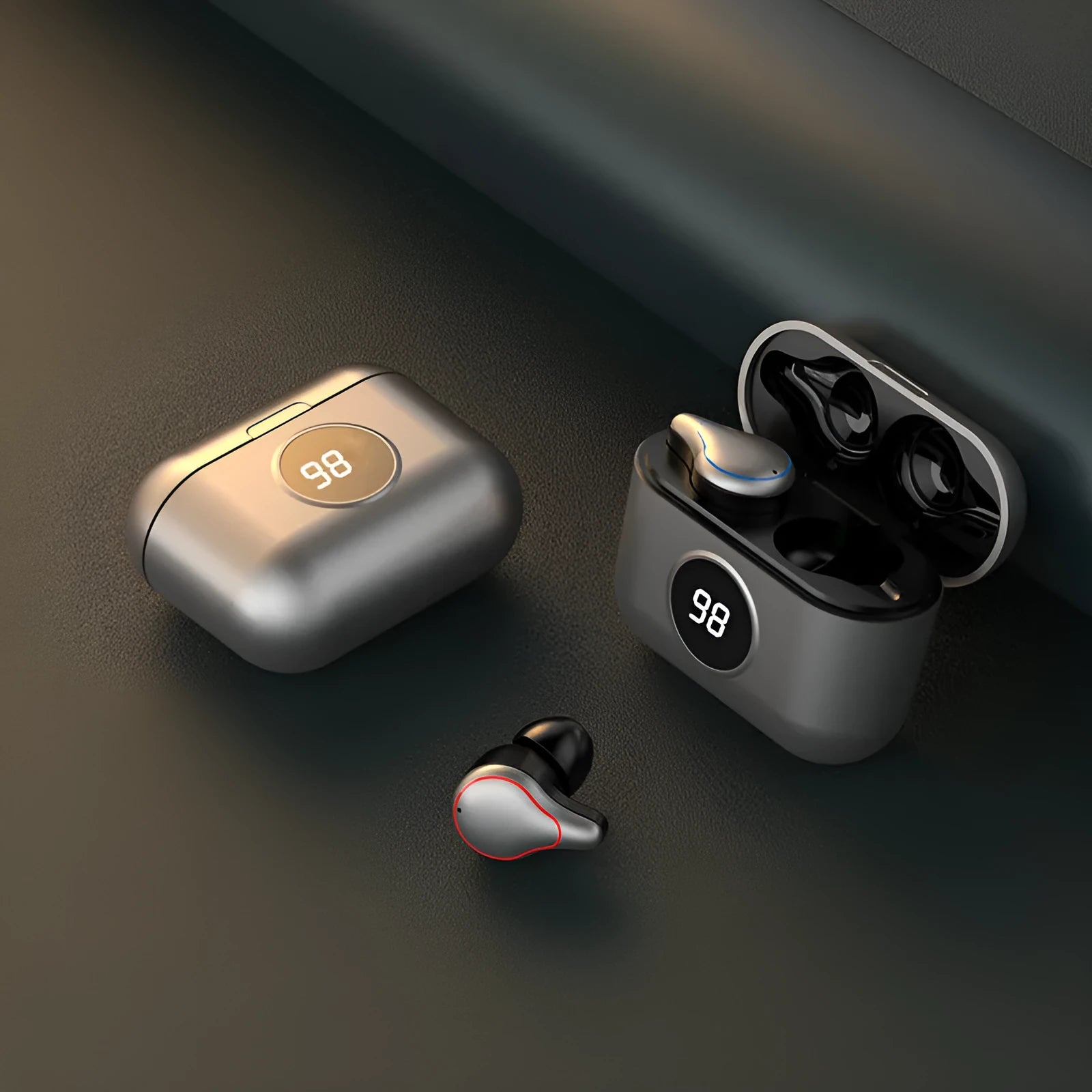 Black and Blue in-ear Bluetooth stereo headset with earplug-style design.