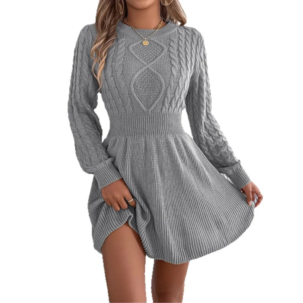 Black lantern sleeve sweater dress with an elastic twist waist, made from acrylic artificial fur fabric.