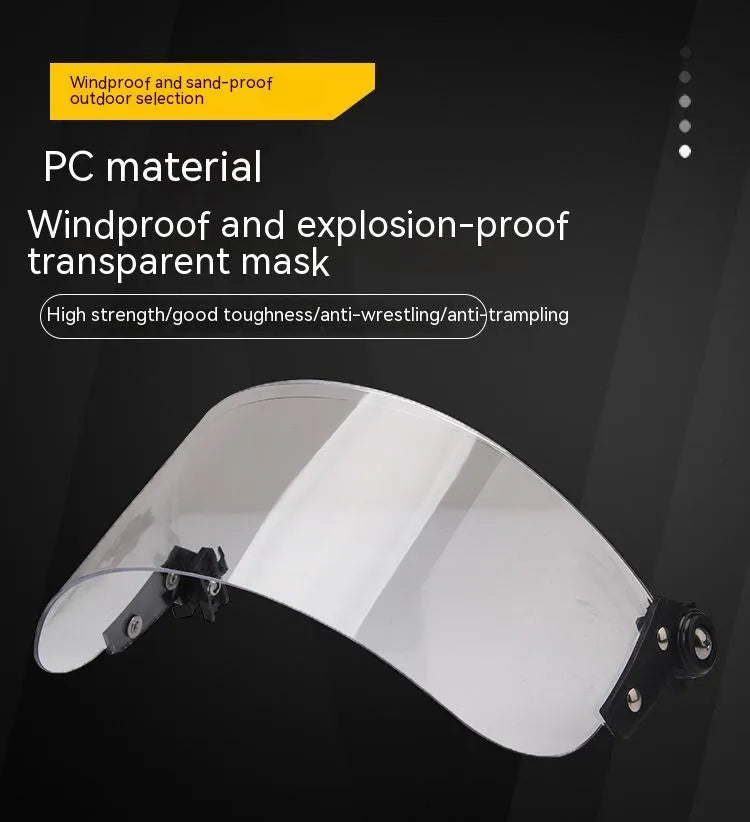 Transparent PC helmet mask with windproof lens measuring 30x15cm