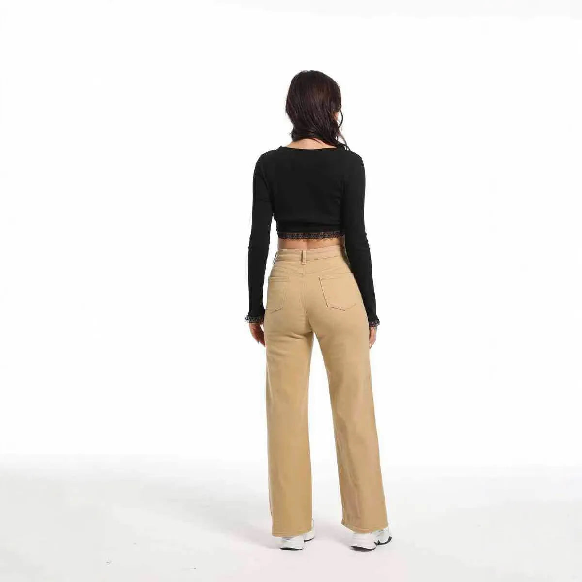 Women's high-waisted wide leg straight jeans in apricot and khaki colours on a model.